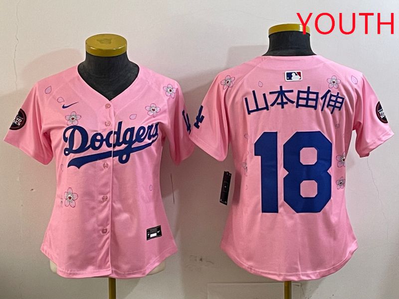 Youth Los Angeles Dodgers #18 Yamamoto Pink Sakura Edition 2025 Nike MLB Jersey style 1